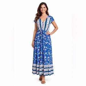 Blue Floral Boho Maxi Dress | Cottagecore V-Neck Empire Waist | Romantic Summer